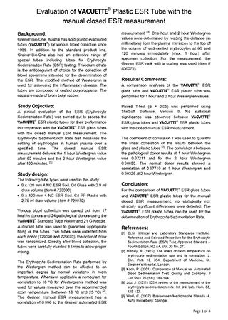 Evaluation of VACUETTE? Plastic ESR Tube with the manual closed ESR measurement